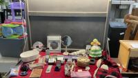 BOX W/ MAKEUP MIRRORS, HAIR DRYER, CURLING IRONS, BROOCHES, MIRRORED LIPSTICK HOLDER