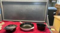 CAST IRON PANS - CUISINART SKILLET W/ ENAMEL OUTER, SMALL DUTCH OVEN W/ LID, SMALL POT