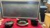 CAST IRON PANS - CUISINART SKILLET W/ ENAMEL OUTER, SMALL DUTCH OVEN W/ LID, SMALL POT