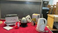 ELECTRIC JUICER, HAND MIXER, SMALL COFFEE POT, WESTBEND SLOW COOKER, ELECTRIC KETTLE, EGG COOKER