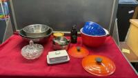 STAINLESS & PLASTIC MIXING BOWLS, GLASS COVERED CANDY DISH, (2) CAST LE CREUSET LIDS, BUTTER DISH, COASTERS