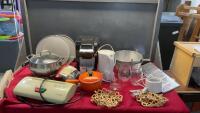 KEURIG, (2) CHIFFON PANS, FONDUE POT, TASSIMO COFFEE PODS, ELECTRIC KETTLE, PAPER SHREDDER