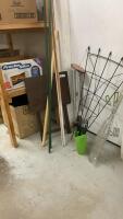 BUCKET W/ GARDEN/YARD ITEMS - WIND CHIMES, TRELLIS & STAKES, BBQ FISH COOKER, WOOD FOLDING TRAY, GARDEN TOOLS,