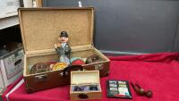 VINTAGE SUITCASE W/ TOBACCO TINS, PIPES, SMALL STRESS BALLS, COLLECTIBLE MATCHES,