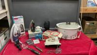 BOX W/ MISC HOUSEHOLD ITEMS - IRONS, GE SLOW COOKER, SUNBEAM HAND MIXER