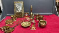 COLLECTION OF BRASS ITEMS - LETTER HOLDER W/ MIRROR, MUGS, BELLS, CHALISE, NAPKIN HOLDER, SMALL FIGURINES, WALL DECOR