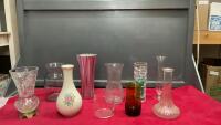 VARIETY OF VASES - ONE IS PINWHEEL CRYSTAL ON BRASS BASE