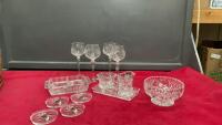 PINWHEEL CRYSTAL ITEMS - DIVIDED DISHES, WINE GLASSES, CREAM & SUGAR ON TRAY, CANDY BOWL, COASTERS