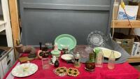 COLLECTION OF VINTAGE ITEMS - GREEN FIREKING PLATTER, EGG PLATTERS,, COCA-COLA BOTTLE