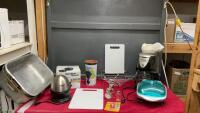 BOX W/ CUTCO CUTTING BOARD, EGG COOKERS, SMALL GRILLING MACHINE, WINE CHILLER, METAL FRUIT BASKET