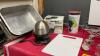 BOX W/ CUTCO CUTTING BOARD, EGG COOKERS, SMALL GRILLING MACHINE, WINE CHILLER, METAL FRUIT BASKET - 4