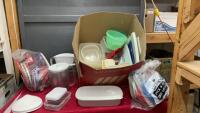(2) BOXES OF PLASTICWARE AND AN EGG COOKER