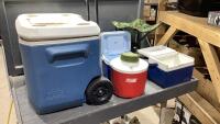 ROLLING COLEMAN COOLER, WATER JUG, SMALL COOLERS