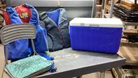 COLEMAN BLUE COOLER, (2) BOAT SEATS, (2) LIFE JACKETS