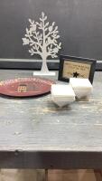 FLAT W/WOOD TREE, FAITH TRAY, PICTURE AND PLASTIC LITTLE BOWLS
