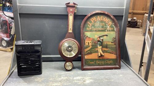 (3)ITEMS - GOLF WALL DECOR, BAROMETER, SMALL FAN