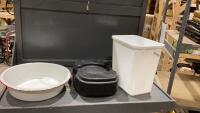 PLASTIC GARBAGE CAN, OIL DRAIN PAN, METAL CIRCULAR PAN