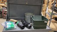 PLANT AND SHRUB FOOD SPIKES, METAL PAIL, BURLAP SAC, PAINT BUCKET, PARTS OF FLEXIBLE DOWNSPOUT EXTENDERS