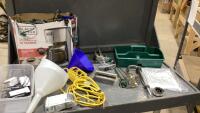 MISC BOX - CHRISTMAS LIGHTS, FUNNELS, TROUBLE LIGHT, TOTE,