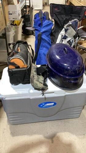SHELF #12 - CAMPING ITEMS - LARGE COLEMAN COOLER, ALUMINUM TABLE, CAMPING CHAIRS