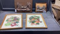 (4) WALL DECOR ITEMS - (2)CREWEL PICTURES + (2) METAL + WOOD DEER PICTURES