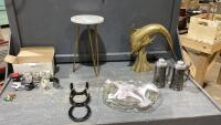 BOX W/BRASS DOLPHIN , (2)AVON GLASS BEER STEINS, SMALL TABLE W/MARBLE TOP