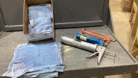 BOX W/ CAULKING GUNS + SHOP RAGS