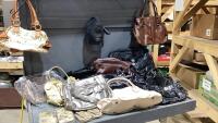GOOD LIDDED TOTE FULL OF PURSES, LAPTOP BAGS, PHONE CASES