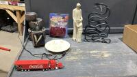 BOX W/SAFETY LIGHTS, RELIGIOUS PLATE, COCA-COLA TOY TRUCK, SMALL FOUNTAIN