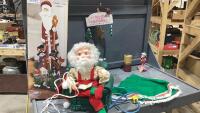 (3) ITEMS - BAG OF LIGHTED GARLAND, WOODEN SANTA, BOX W/SMALL TREE