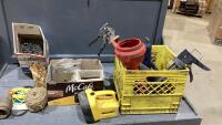 (3) BOXES-NAILS, BELT, ROPE, FITTINGS, FUNNEL, CAULKING GUNS, GREASE GUN