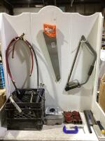 SHOP CRATE W/ HANDSAW, HACKSAW, GREASE GUN, HOSES, LIGHTS & MISCELLANEOUS