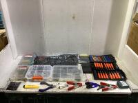 SHOP BOX W/ HEX KEY, SCREWDRIVER BITS, CLAMPS, PICTURE HOOK & MISCELLANEOUS