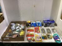 SHOP BOX W/ HINGES, COAT HOOKS, DOUBLE LOCKS NAILS, SCREWS, DRILL PUMP, AIRLONE TUBING & MISCELLANEOUS