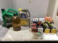 SHOP BOX W/ OIL FILTER, DIESEL TREAT, ANTI-FREEZE + COOLANT, MOTOR OIL & MISCELLANEOUS