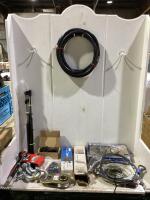 SHOP BOX W/ BICYCLE LOCK, HOSE, POWERFIST DIGITAL TIRE INFLATOR, WELDING, SNATCH BLOCK & MISCELLANEOUS