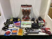 SHOP BOX W/ CAB LIGHT KIT-5PC, (2) BATTERY TESTER, ADHESIVE REFLECTORS, (2) DEWALT BATTERY CHARGER & MISCELLANEOUS