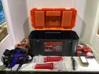 KUBOTO 19" TOOL BOX W/ RATCHET STRAPS, MEASURING TAPES, BOX CUTTER, SCREW DRIVERS & MISCELLANEOUS
