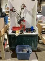 SHOP BOX W/ GLOVES, DRAIN PAN, HYDRAULIC JACK PART, CLAMPS & LIGHTS