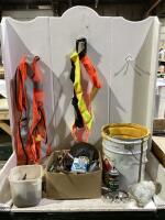 SHOP BOX & BUCKET OF MISCELLANEOUS W/ VESTS, NUT CAPS, WAX BOWL RING, WRENCHES & SCREWDRIVERS