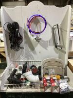 SHOP BASKET W/ HOSE HANGER, HACKSAW, (2) LIGHT BULBS, DIESEL START, ASSORTED PIPE FITTINGS & MISCELLANEOUS