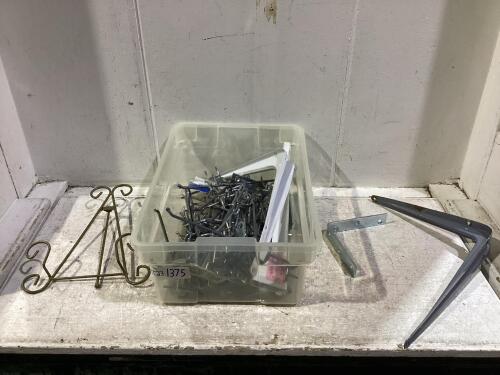 SHOP TOTE W/ PEGBOARD HOOKS, CORNER BRACES, SHELF BRACKETS & MISCELLANEOUS