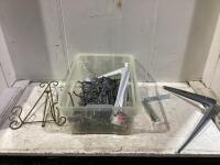 SHOP TOTE W/ PEGBOARD HOOKS, CORNER BRACES, SHELF BRACKETS & MISCELLANEOUS