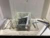 SHOP TOTE W/ PEGBOARD HOOKS, CORNER BRACES, SHELF BRACKETS & MISCELLANEOUS