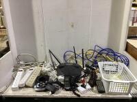 CRATE W/ D-LINK ROUTER, POWER STRIPS, EXTENSION CORDS, WATCH, PHONE, REMOTE & MISCELLANEOUS