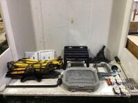 SHOP BOX W/ JACK STAND, DRILL BIT SET, DRILL BIT ORGANIZER, ELETRICAL PARTS, APPLE SLICER & MISCELLANEOUS