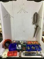 SHOP BOX W/ ASSORTED PLASTIC ORGANIZER, SWIVEL WHEEL CASTOR, HAMMERS, FEATHER FLEX DECOY, TAPES & MISCELLANEOUS
