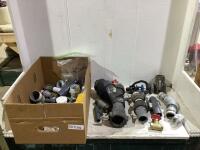 SHOP BOX OF PLUMBING W/ ASSORTED PIPE FITTINGS, SHUT-OFF VALVES, SPRINKLER, GASKETS & MISCELLANEOUS