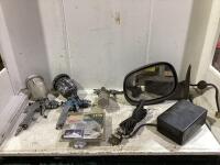 SHOP BOX W/ PNEUMATIC PAINT GUN SPRAY, LEFT SIDE MIRROR, HEATER & TUB SURROUND COVER
