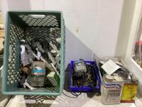 SHOP CRATE W/ FIBERGLASS RESIN, RAPID TAP, JOIST HANGERS, SCREWDRIVER & MISCELLANEOUS